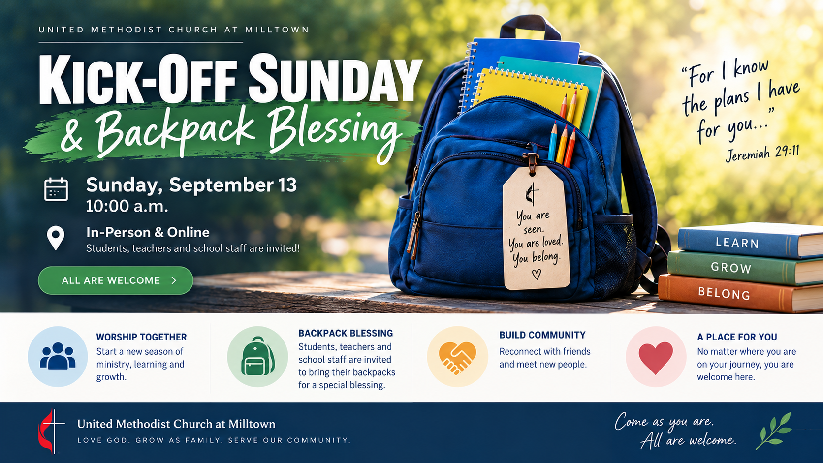 Kick-Off Sunday and Backpack Blessing, Sunday September 13 at 10 a.m., United Methodist Church at Milltown
