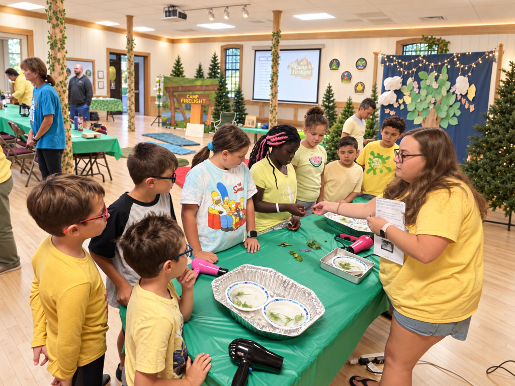 Children gathered around a table with a volunteer for a hands-on activity at Vacation Bible School